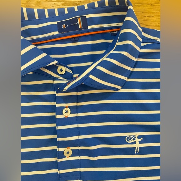 Stitch Blue Striped Men's Golf Polo Shirt with cowboy embroidered logo L GUC - Picture 2 of 3